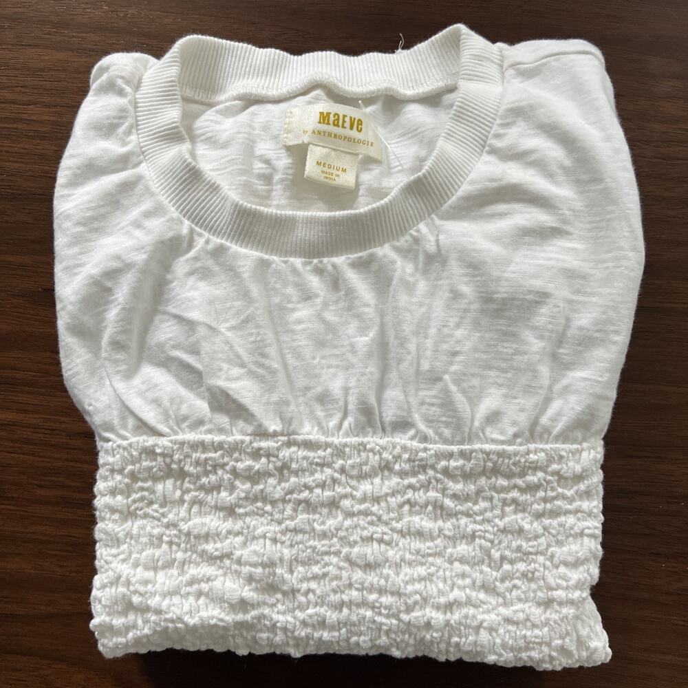 Maeve Anthropologie Ivory White Smocked Popcorn Texture Top Short Sleeve Size M - Picture 9 of 10